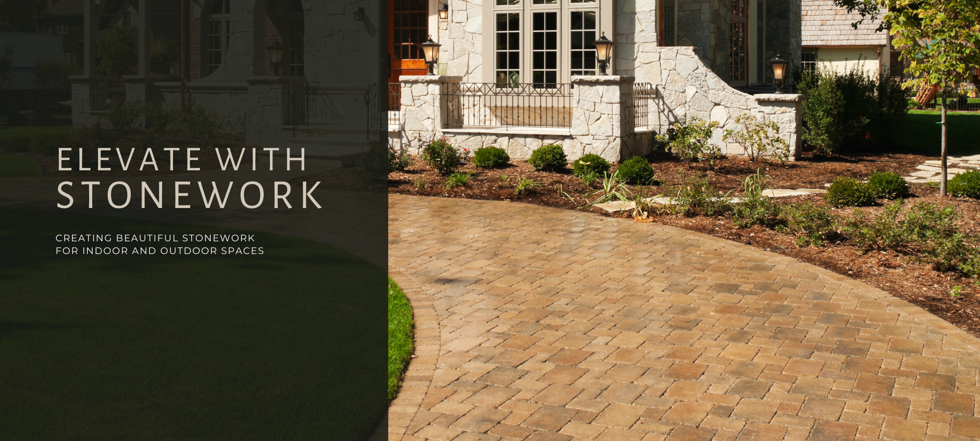 stone paver walkway in front of stone home